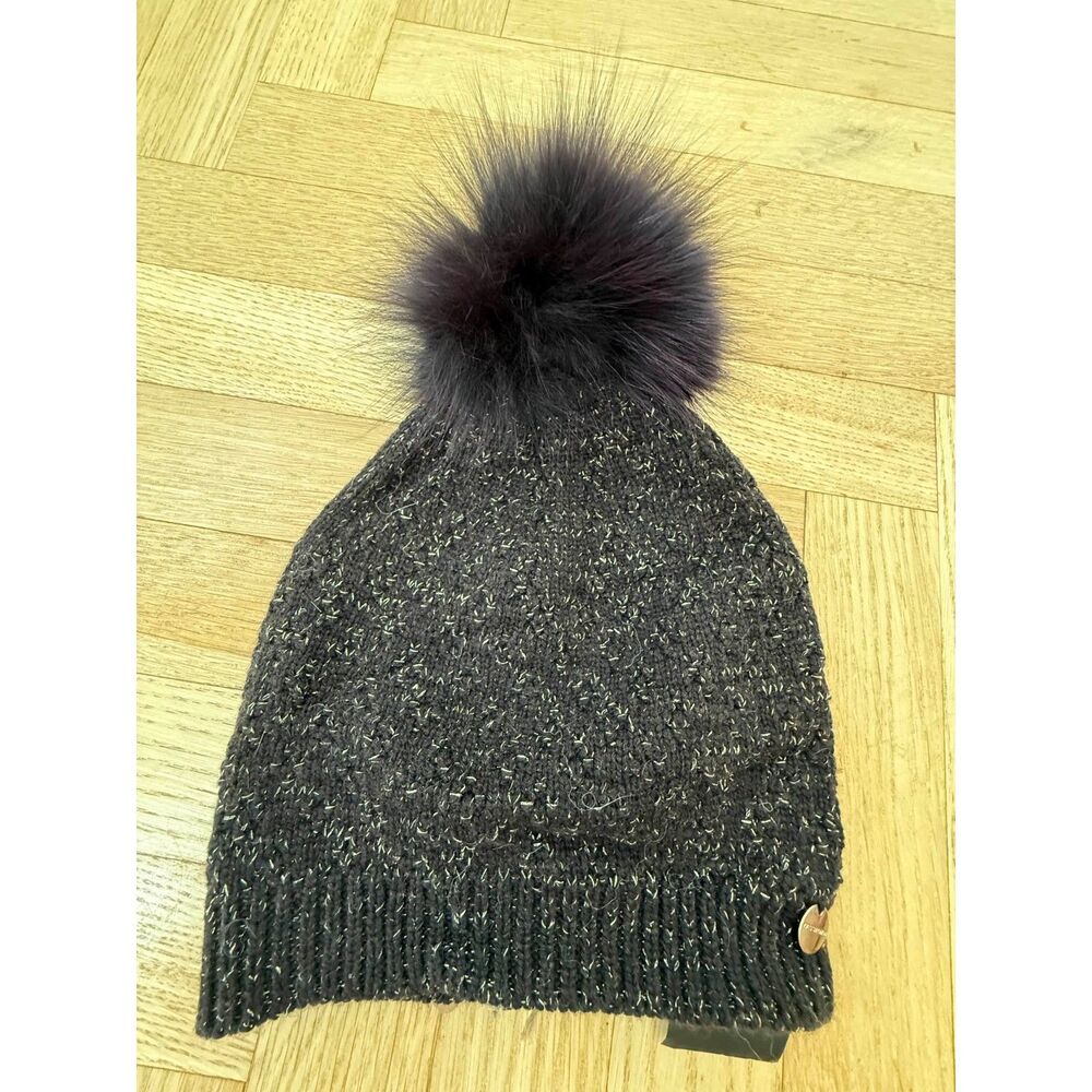 Yves Saloman - Brown Donegal Beanie w Brown/Purple Fur Pom Pom - o/s NWoT
